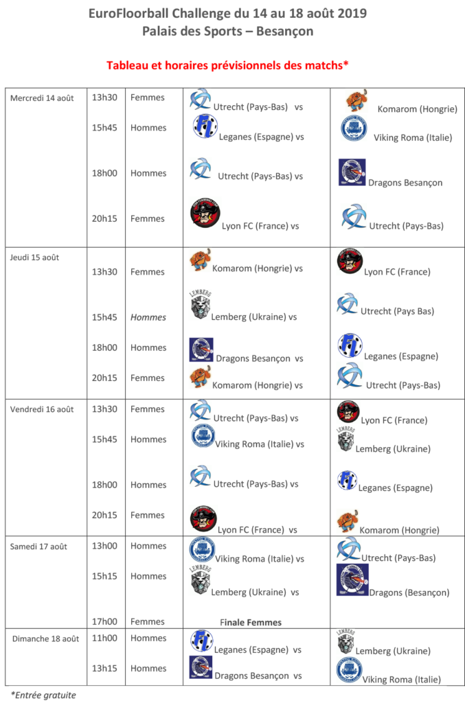 Programmation du tournois européen de Floorball à Besançon.